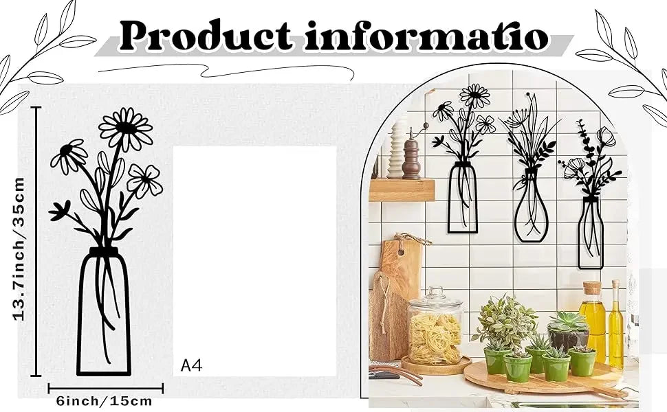 A set of three rustic metal flower vases displayed against a white tiled background.