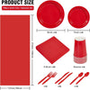 A set of red paper tableware including plates, napkins, cups, and cutlery.