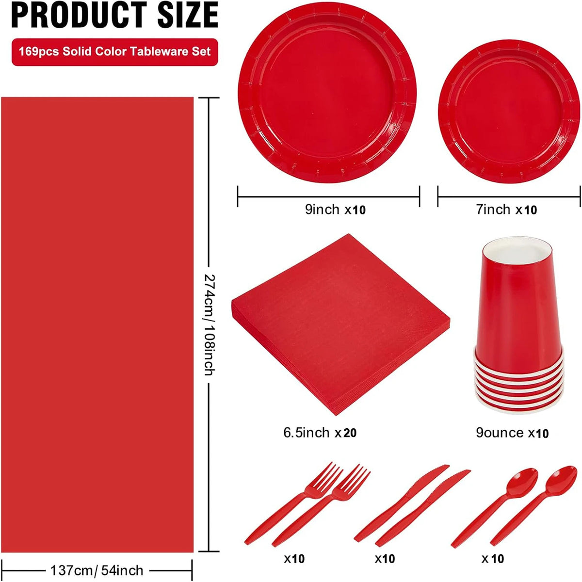 A set of red paper tableware including plates, napkins, cups, and cutlery.