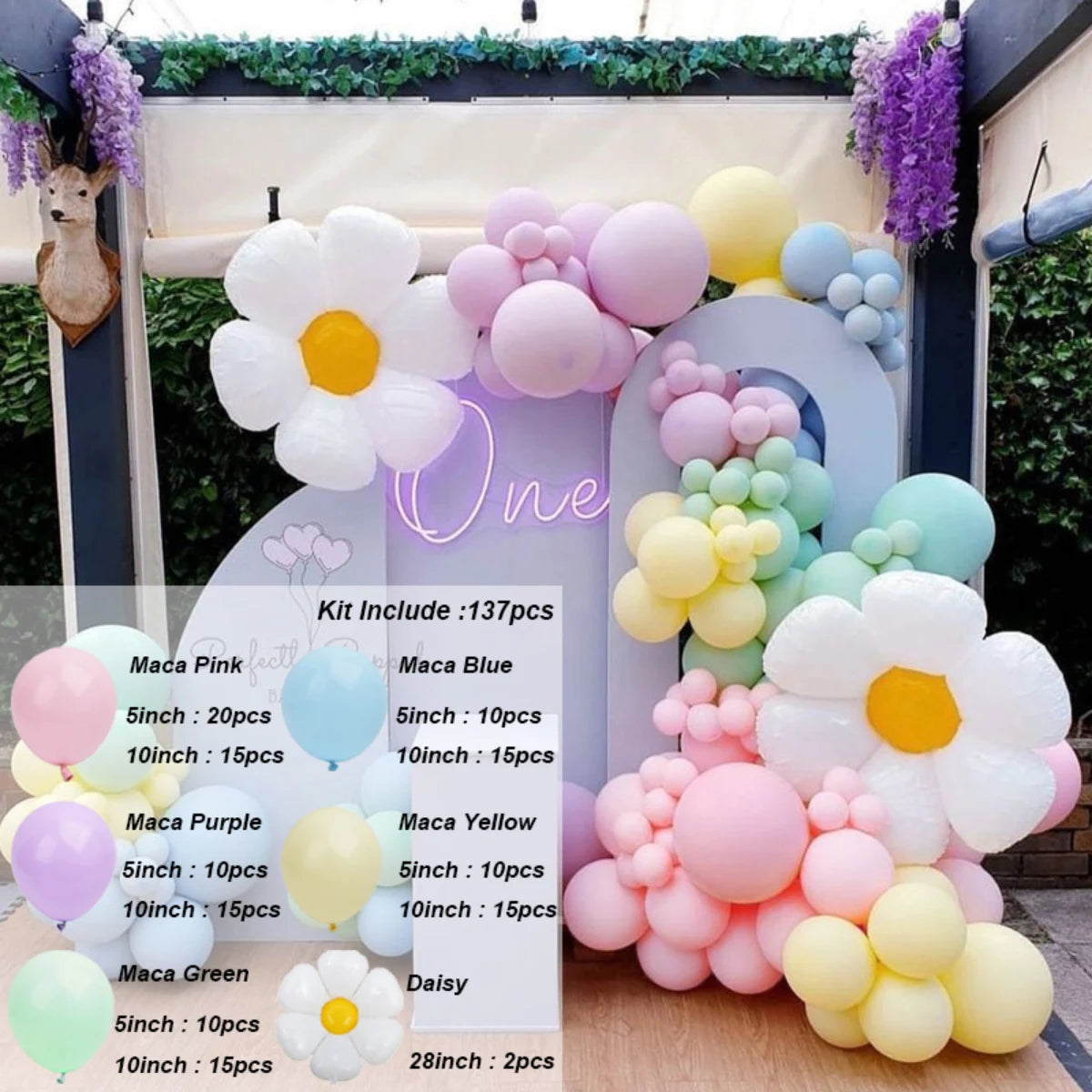 A kit of pink, blue, and yellow balloons arranged in a floral design for decoration.