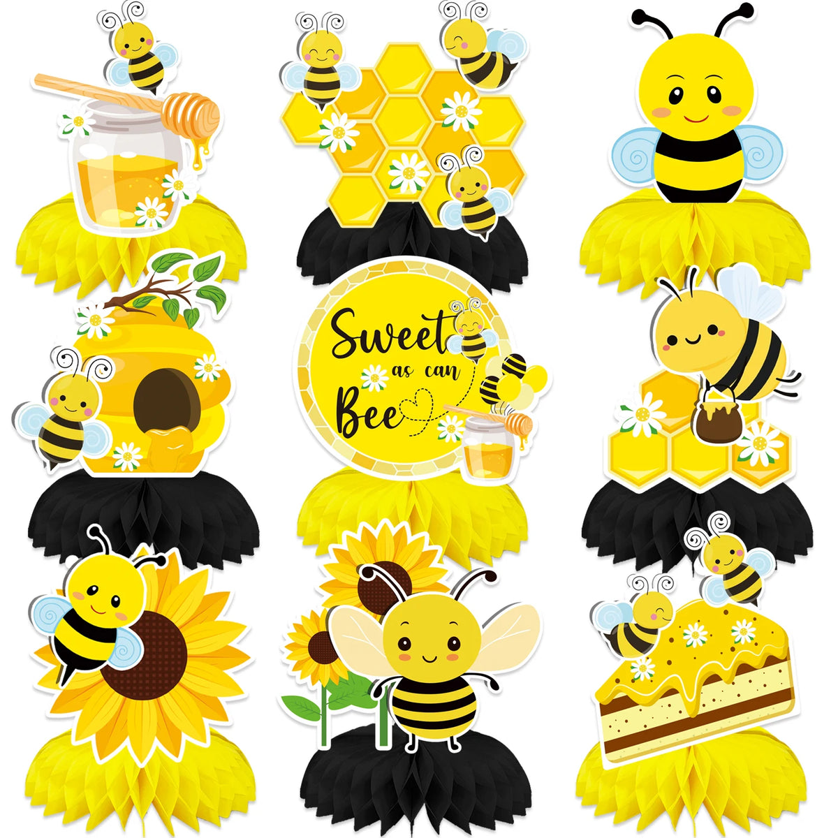 Ein Set aus 3D-Bienenwaben- und Sonnenblumen-Papier-Centerpieces mit gelben, schwarzen und weißen Elementen.