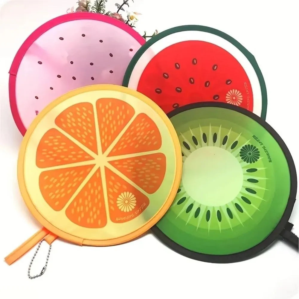 A set of foldable hand fans featuring round fruit designs including watermelon, orange, and kiwi.