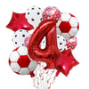 A set of red and white football shaped foil balloons and star-shaped foil balloons for birthday party decorations