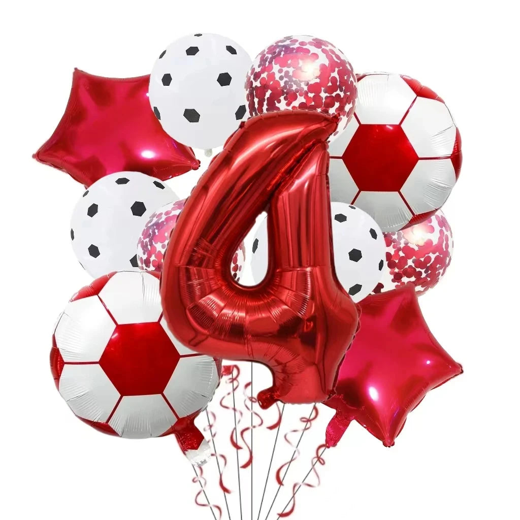 A set of red and white football shaped foil balloons and star-shaped foil balloons for birthday party decorations