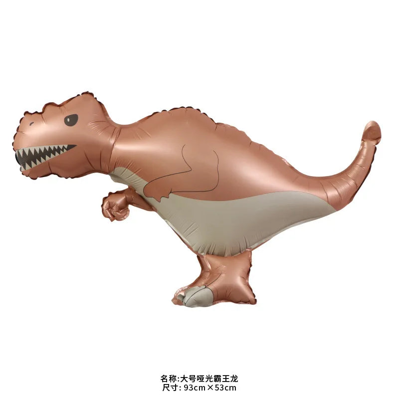 A realistic brown dinosaur balloon decoration kit with a banner and standing balloons.