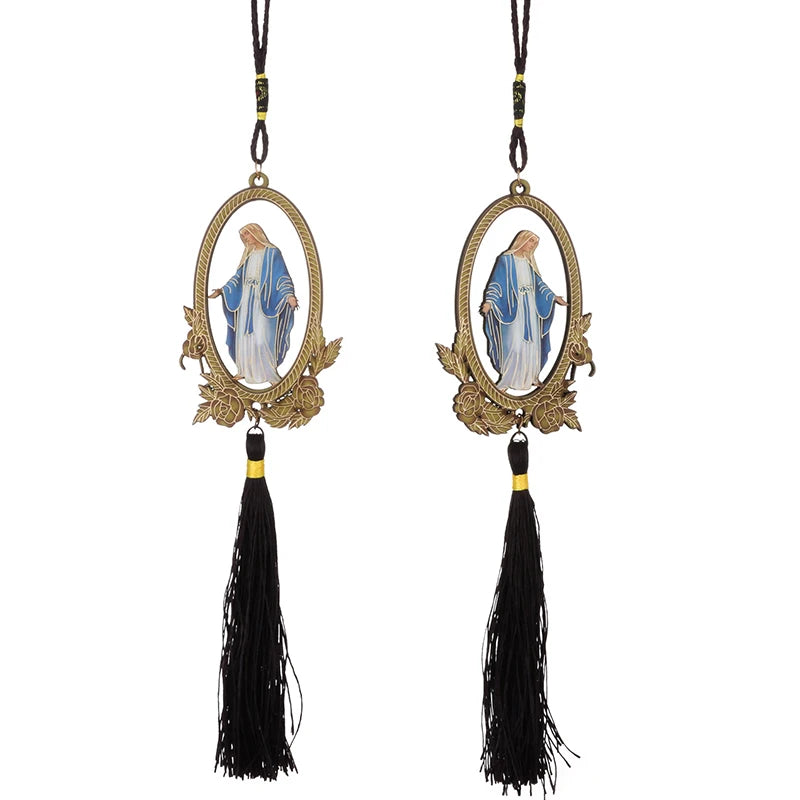 A wooden pendant ornament depicting Our Lady of Grace with a blue robe, suspended by a black cord.