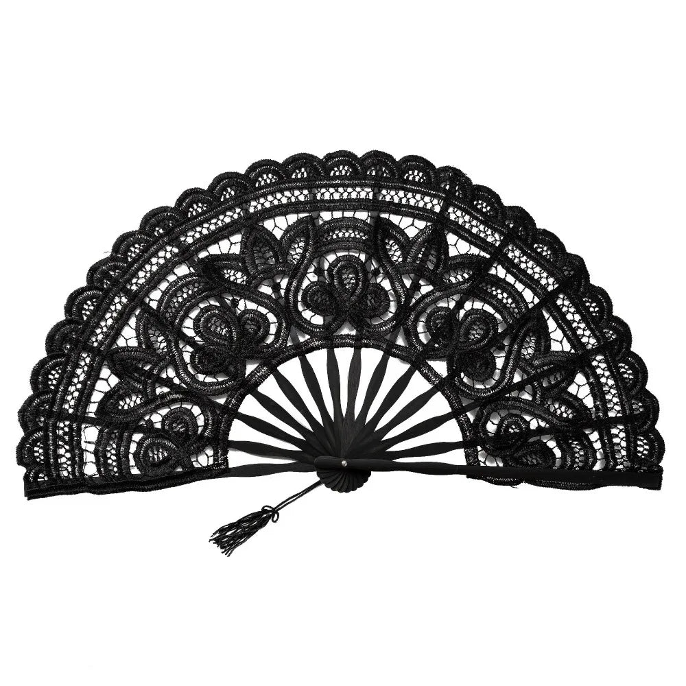 Black vintage lace hand fan with a decorative tassel pendant