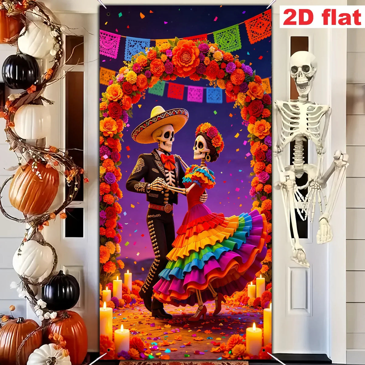 A vibrant banner featuring a silhouette of a sombrero-wearing man and a woman in colorful attire framed by an orange floral a