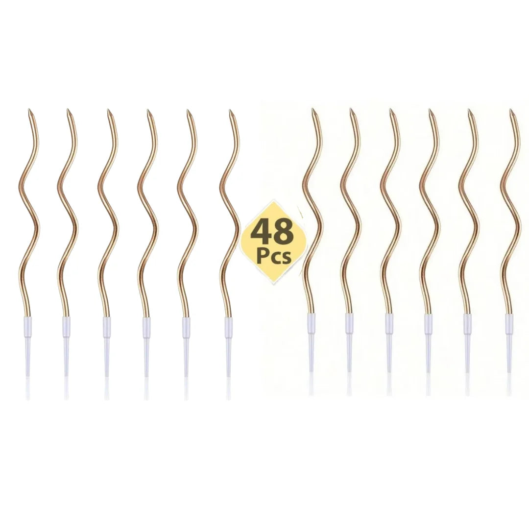 A set of 48 spiral birthday cake candles with star toppers, featuring a gold or bronze color.
