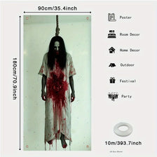 A full-length display of a spooky 2D Halloween door banner featuring a figure with a blood splatter effect.