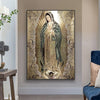 Canvas wall art depicting Our Lady of Guadalupe in a golden and green frame.