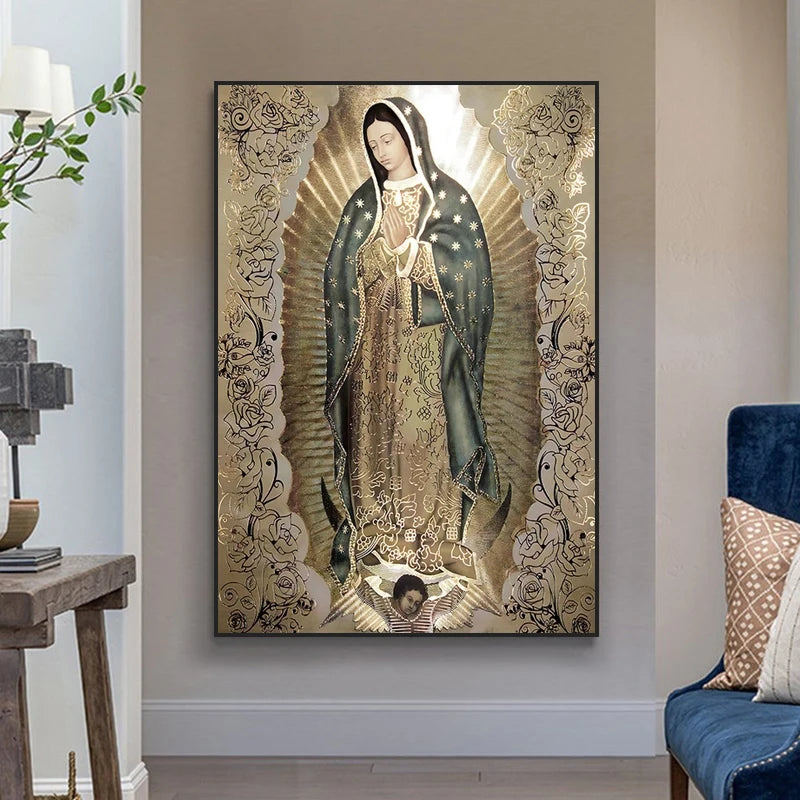 Canvas wall art depicting Our Lady of Guadalupe in a golden and green frame.