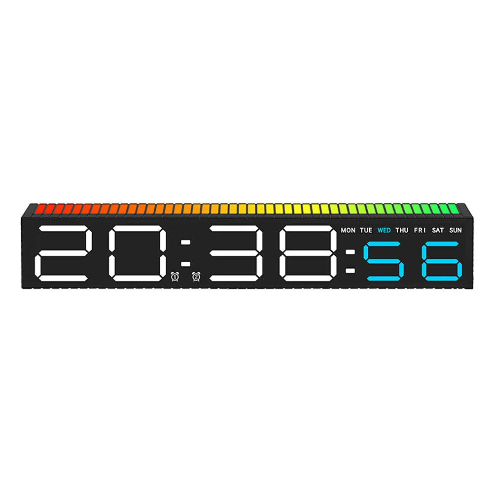 A digital alarm clock display showing the time 20:38:56 with an LED light bar.