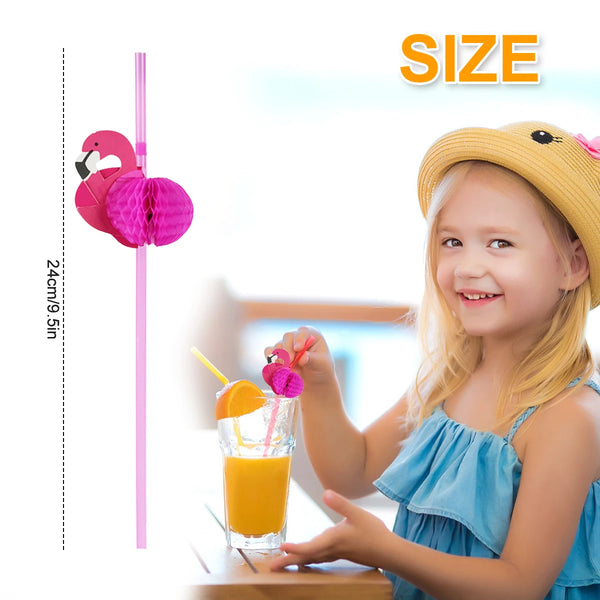 A smiling girl holds a glass of orange juice with a pink flamingo straw and pineapple straw in a bright setting.