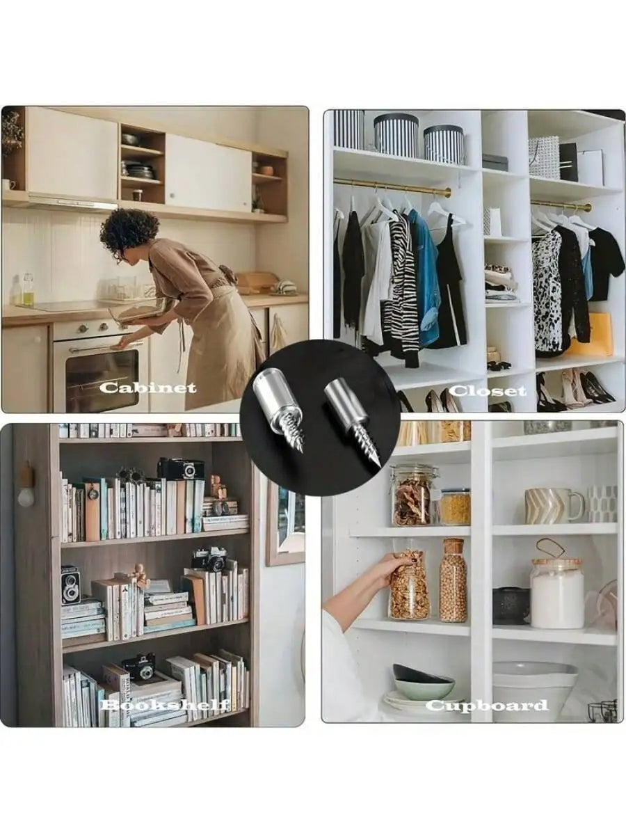 A collection of heavy-duty shelf support pegs with screws displayed in various sizes and finishes.