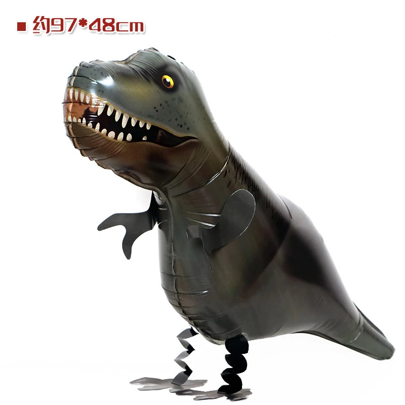 A dark gray foil balloon shaped like a dinosaur standing on its hind legs.
