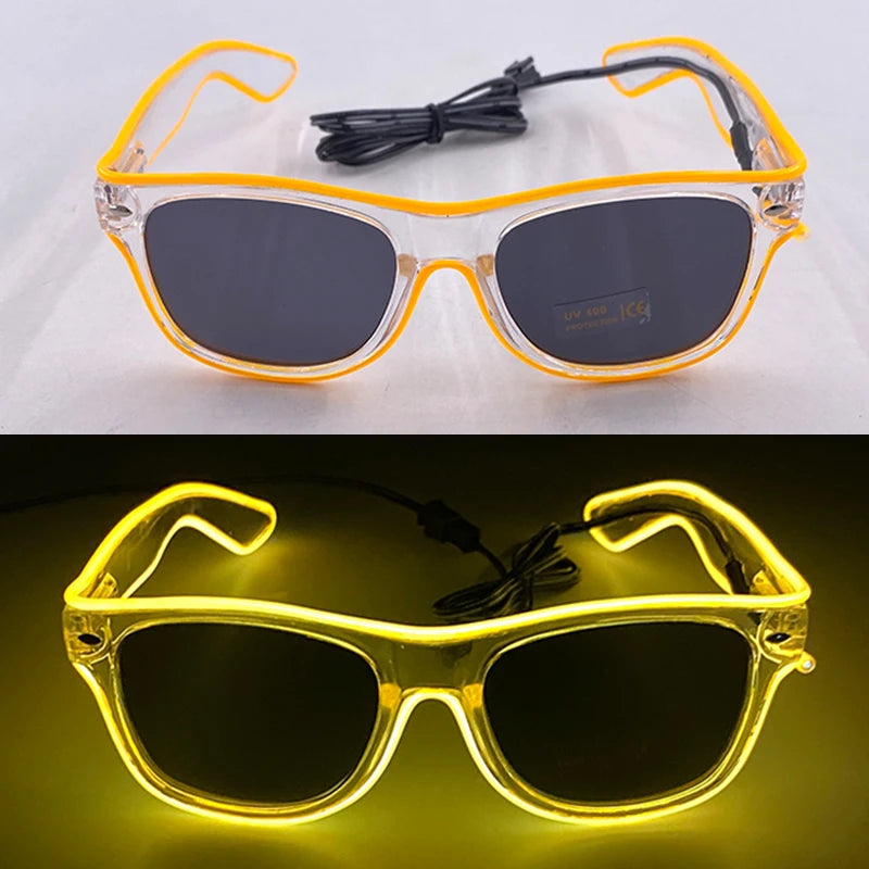 Pair of yellow LED wire party glasses with dark lenses displayed against a white background.