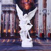 White resin figurine of Saint Michael Archangel with large wings standing on a pedestal.
