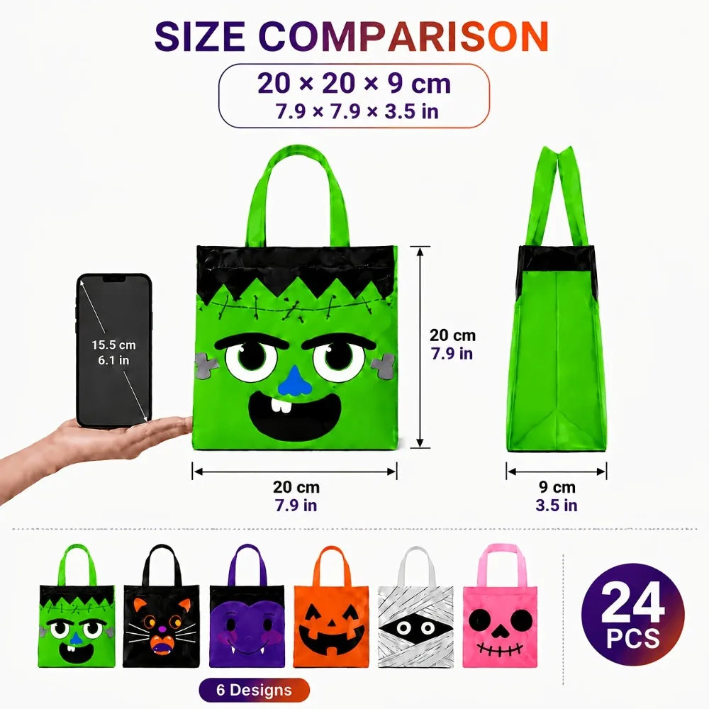 A comparison showing a green Halloween candy bag with handles and a black version, along with various designs.