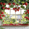 Üppiges grünes Erdbeergewächs ziert einen Fensterrahmen mit reifen roten Erdbeeren für eine Geburtstags-Hintergrund.