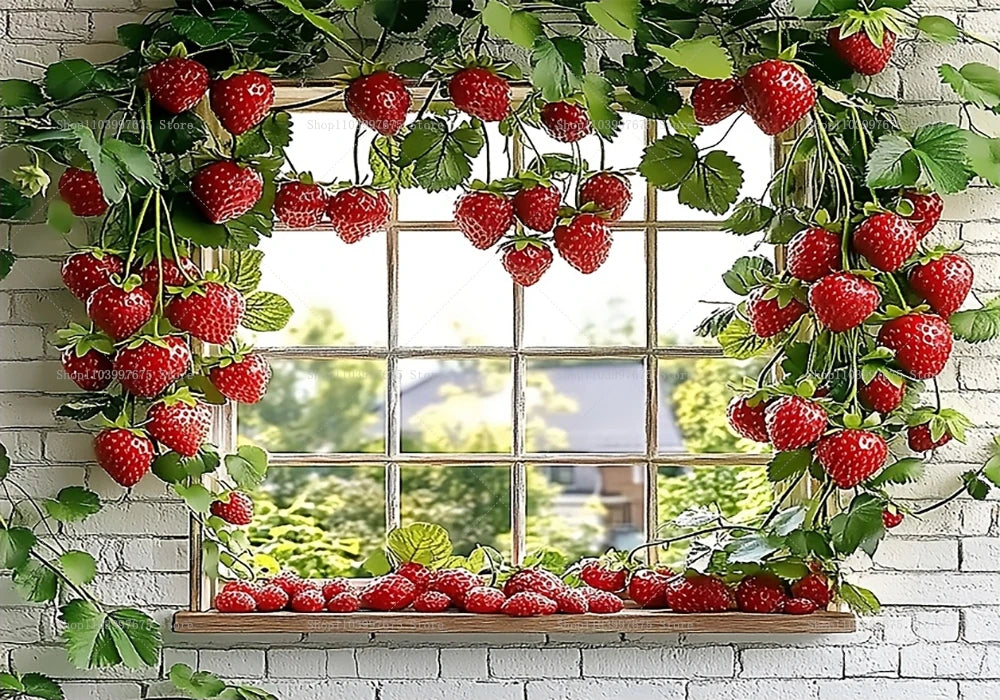 Üppiges grünes Erdbeergewächs ziert einen Fensterrahmen mit reifen roten Erdbeeren für eine Geburtstags-Hintergrund.
