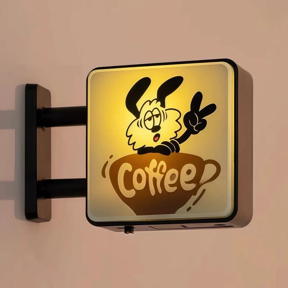 Retro coffee cup magnetic fridge decor with a cartoon rabbit design and soft glow light.