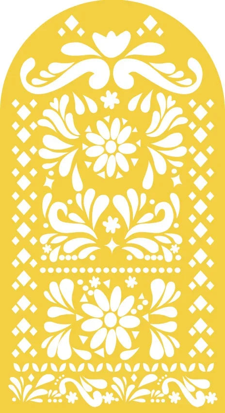 A yellow backdrop featuring white floral and geometric patterns suitable for events.