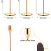 A set of three elegant gold metal candle holders, including a tall floor stand and a base.