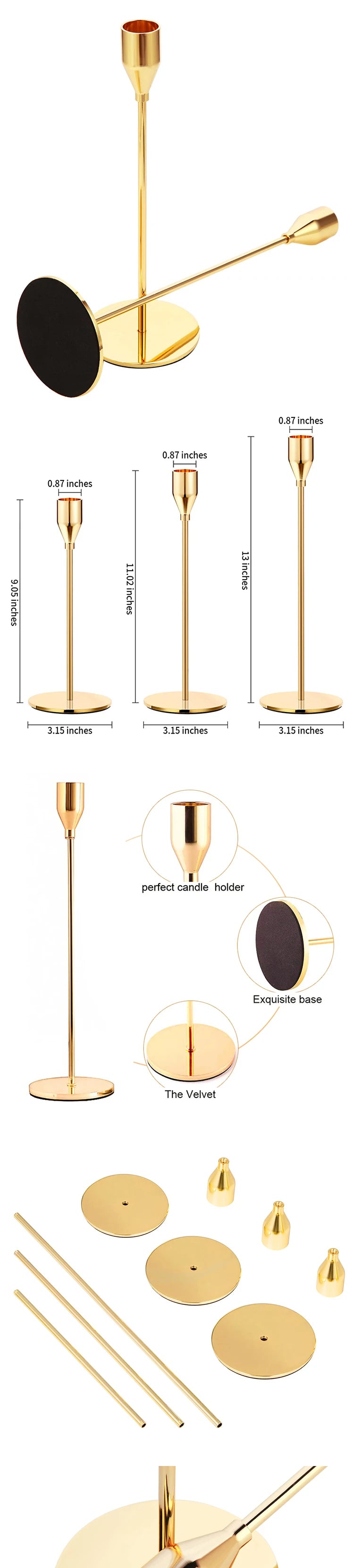 A set of three elegant gold metal candle holders, including a tall floor stand and a base.
