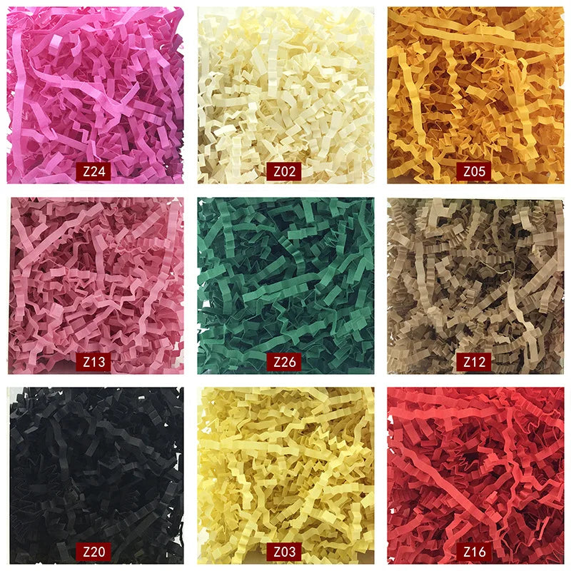 A grid of colorful crinkle cut paper shreds in various shades including pink, yellow, orange, green, and brown.