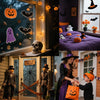 A Halloween scene featuring spider web window decals, jack-o'-lanterns, bats, and spooky decor.
