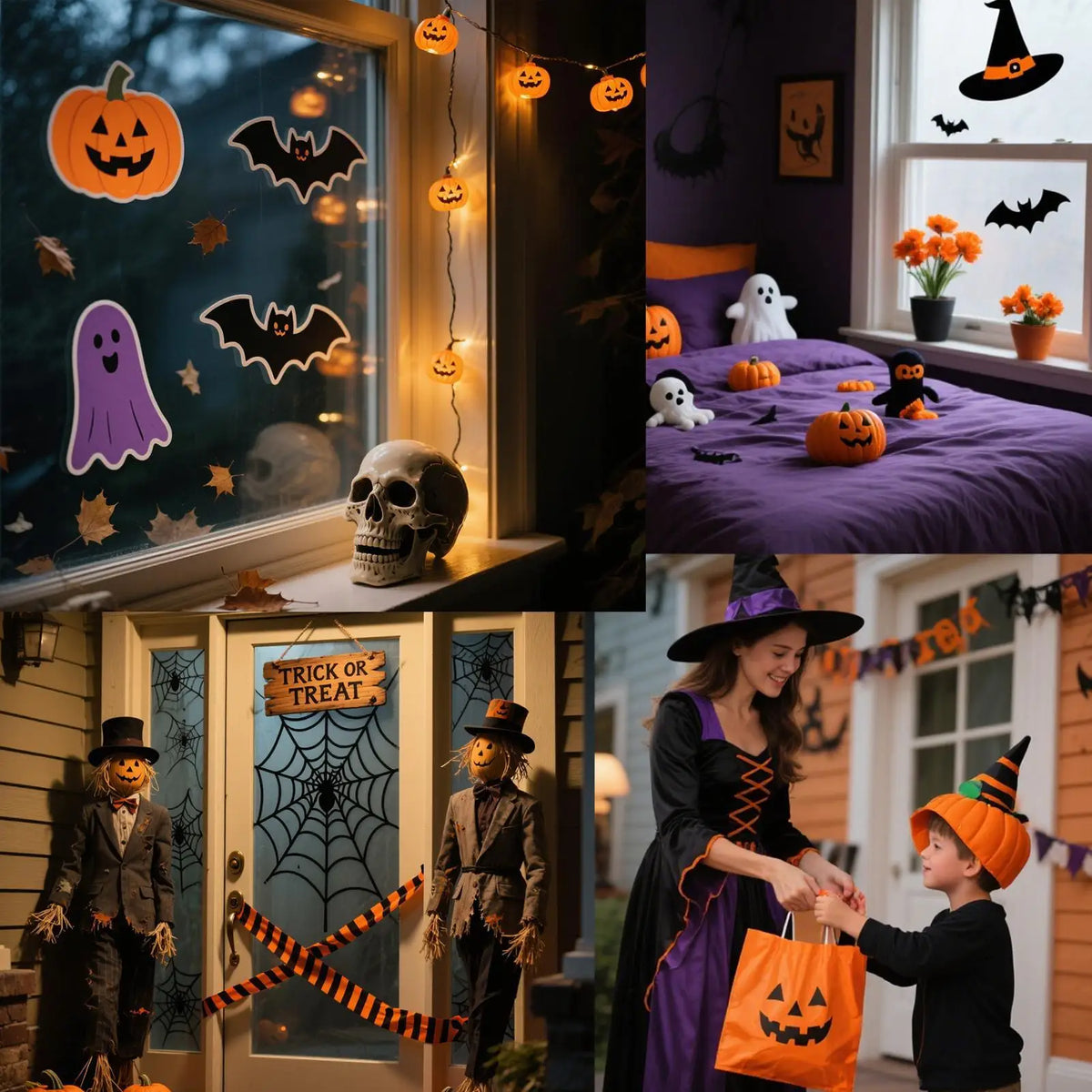 A Halloween scene featuring spider web window decals, jack-o'-lanterns, bats, and spooky decor.