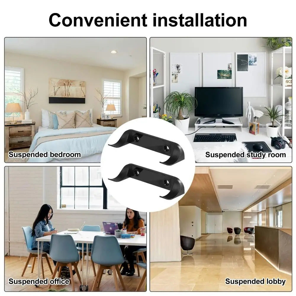 Various wall mount display holders are shown in suspended bedroom, study room, and lobby contexts.