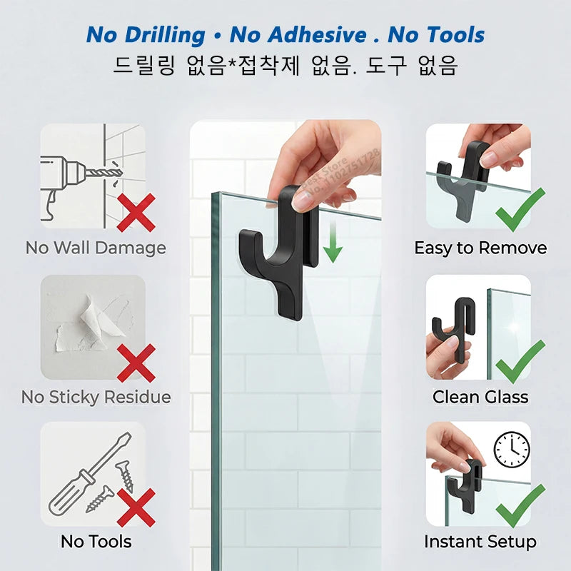 Black 3D shower door towel hook designed for easy installation without drilling or adhesive.
