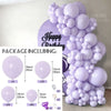 A large purple balloon arch display featuring numerous light purple balloons and various accessories for parties.