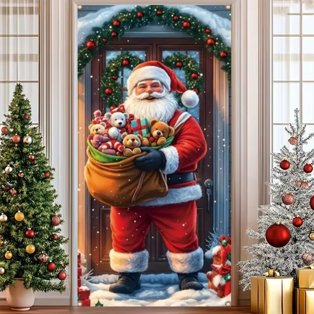 Merry Christmas Party Decoration Door Cover with Santa, Snowman & Reindeer Design