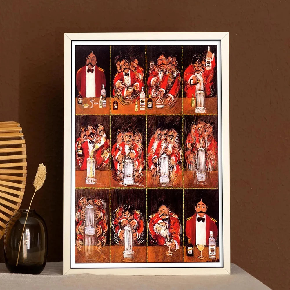 A canvas print featuring vintage illustrations of men making cocktails, rendered in warm, rich colors.