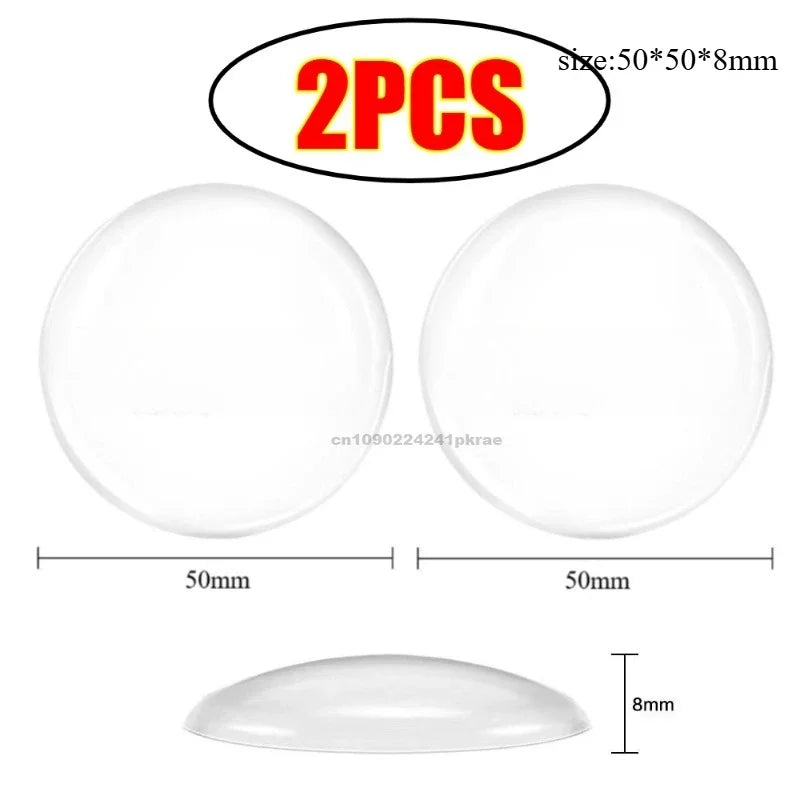 Two white silicone door stoppers or bumpers with a size of 50mm by 50mm and an 8mm thickness.