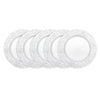 A set of 100 silver embossed charger plates with intricate scrollwork designs.