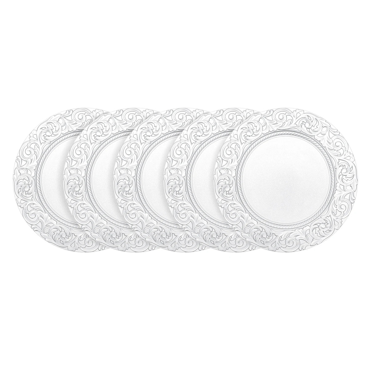 A set of 100 silver embossed charger plates with intricate scrollwork designs.