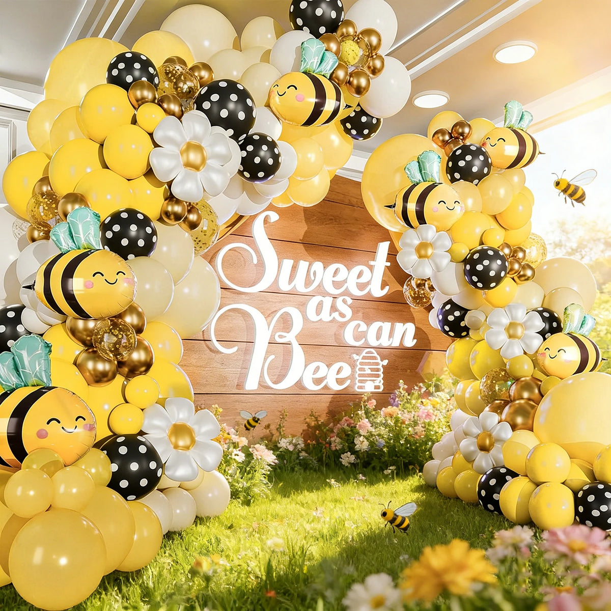 A yellow and black bee balloon garland featuring flowers and natural greenery.
