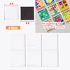 A set of six white square fridge magnets and a black square magnet shown with size comparisons.