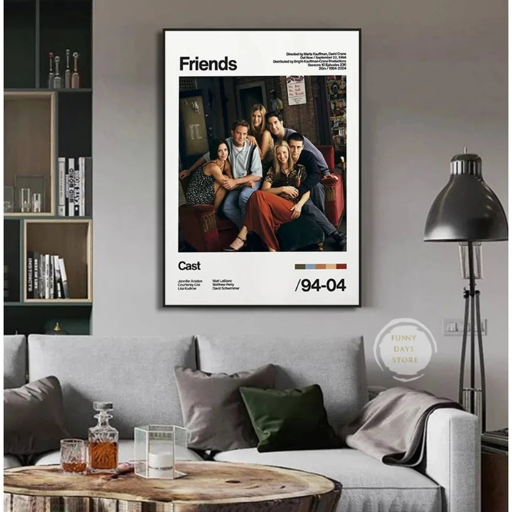 A framed movie poster canvas art featuring the titles Friends, Cast, and a collage of actors.
