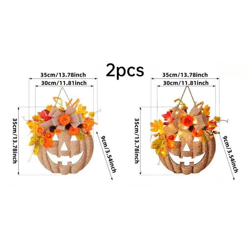Two decorative plastic pumpkin door hangers with orange and yellow floral accents
