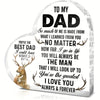 A heart-shaped wooden sign with text dedicated to a dad, featuring a deer silhouette.