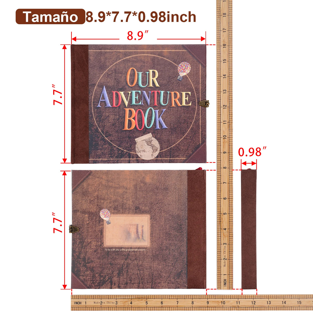 A brown vintage scrapbook photo album with a cover featuring the text Our Adventure Book and a small illustration.