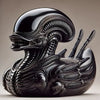 A glossy black resin statue of an alien duck with intricate textures and wings.