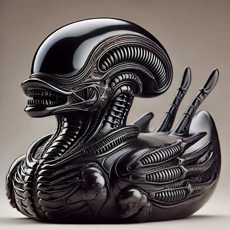 A glossy black resin statue of an alien duck with intricate textures and wings.