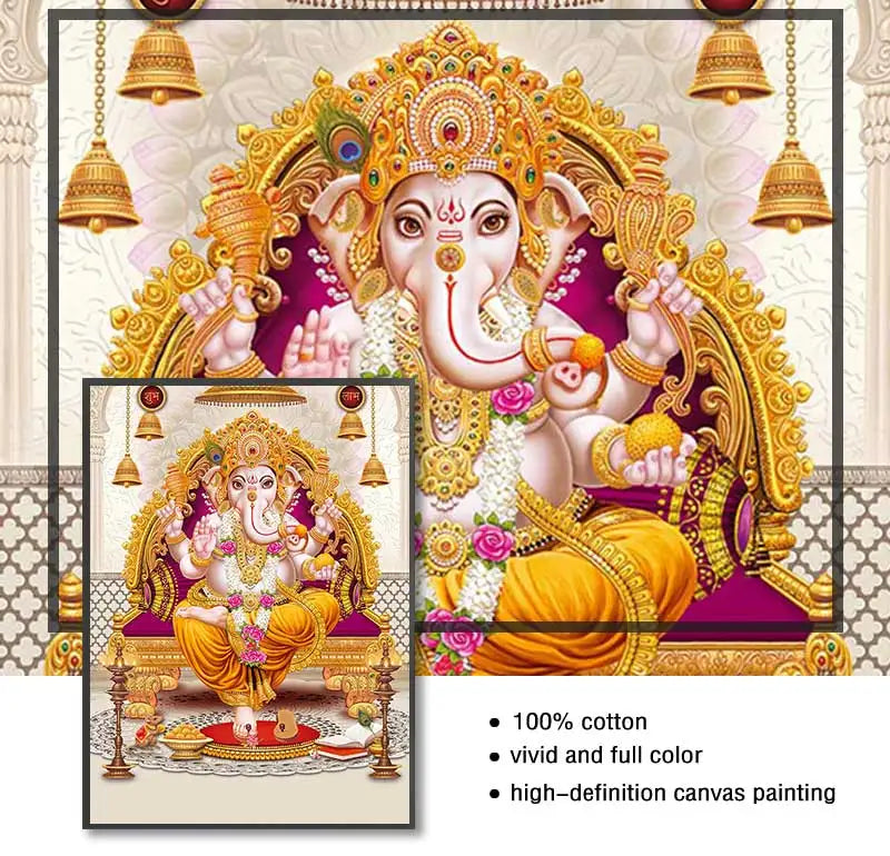 Golden Ganesha canvas art print featuring Lord Ganesha in a regal pose on a decorative background