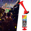 A red reusable air pressure horn is shown next to a blurred background of people cheering at a sports event.